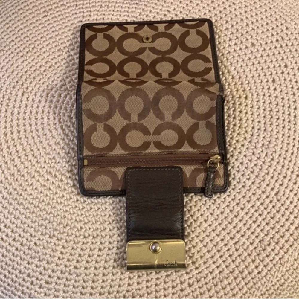 Coach Signature Brown and Tan Wallet with Gold Clasp - Picture 7 of 9